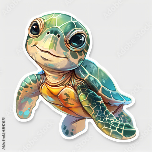 Cute turtle on a White Canvas Sticker. photo