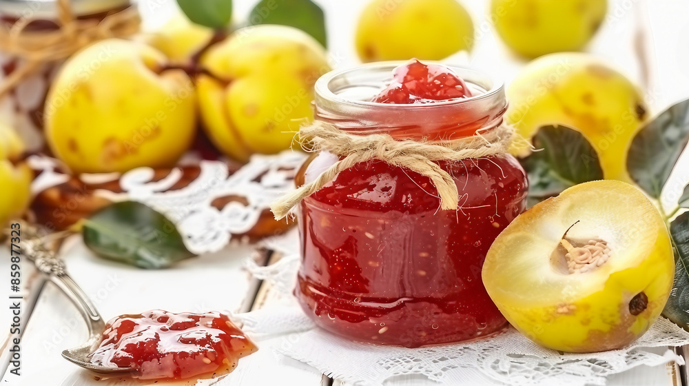 Sweet Delight: Homemade Quince Jam in Glass Jar Stock Photo Sweet Delight: Homemade Quince Jam in Glass Jar Stock Photo