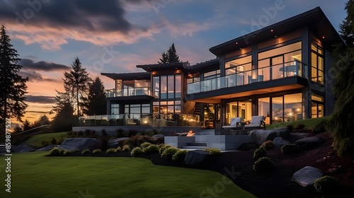 Panoramic view of modern luxury house with beautiful landscaping. © Iman