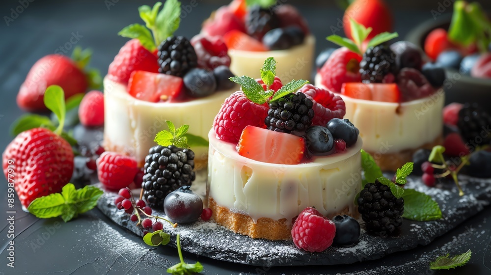 Delicious mini cheesecakes with fresh berries and mint. Delicious mini cheesecakes with fresh berries and mint.
