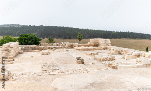 Remains  of the main city square at the excavation of Canaanite Fortifications of Megiddo site near Yokneam city in northern Israel photo