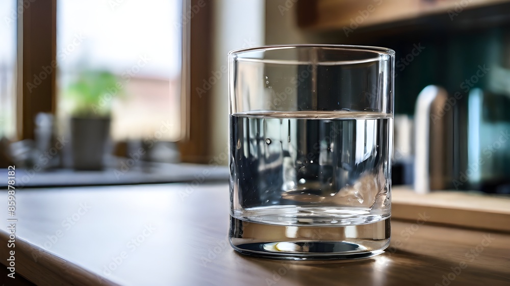 The kitchen has a glass of water in it. The kitchen has a glass of water in it.