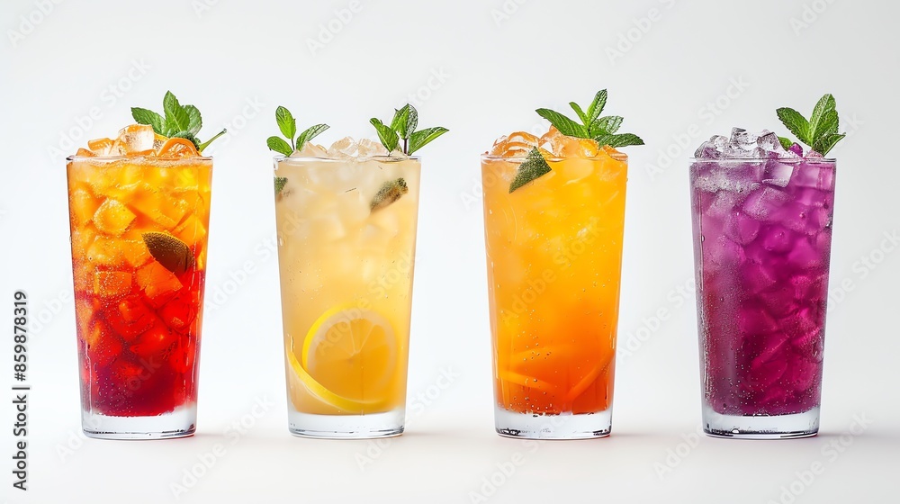 Four refreshing iced drinks with mint and lemon. Four refreshing iced drinks with mint and lemon.