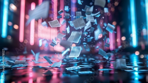 Flying papers in neon-lit urban environment with blurred colorful lights photo