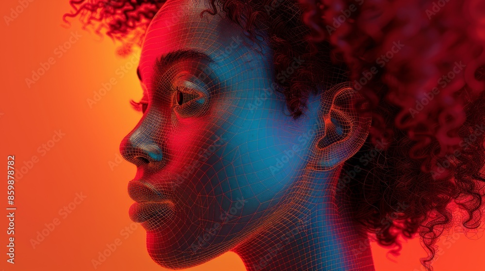 A vivid portrait of an African-American woman. Artificial intelligence and machine learning, connections to digital data networks, data transformation. Innovation A vivid portrait of an African-American woman. Artificial intelligence and machine learning, connections to digital data networks, data transformation. Innovation