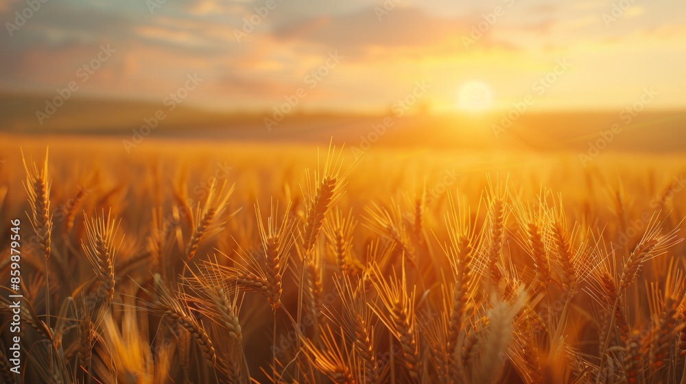 Golden wheat field at sunset. Warm light bathes the landscape, creating a peaceful and serene atmosphere. Golden wheat field at sunset. Warm light bathes the landscape, creating a peaceful and serene atmosphere.