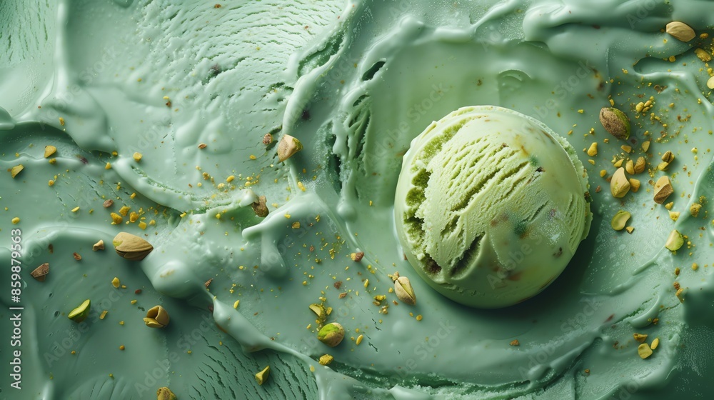 Obraz premium Close-up shot of a single scoop of pistachio ice cream with chopped pistachios.