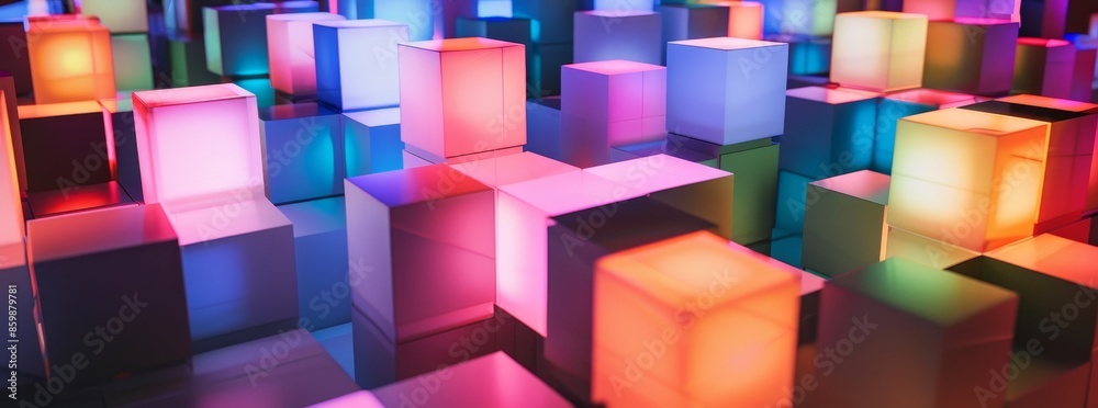 A colorful image of many cubes with lights on them generated by AI A colorful image of many cubes with lights on them generated by AI