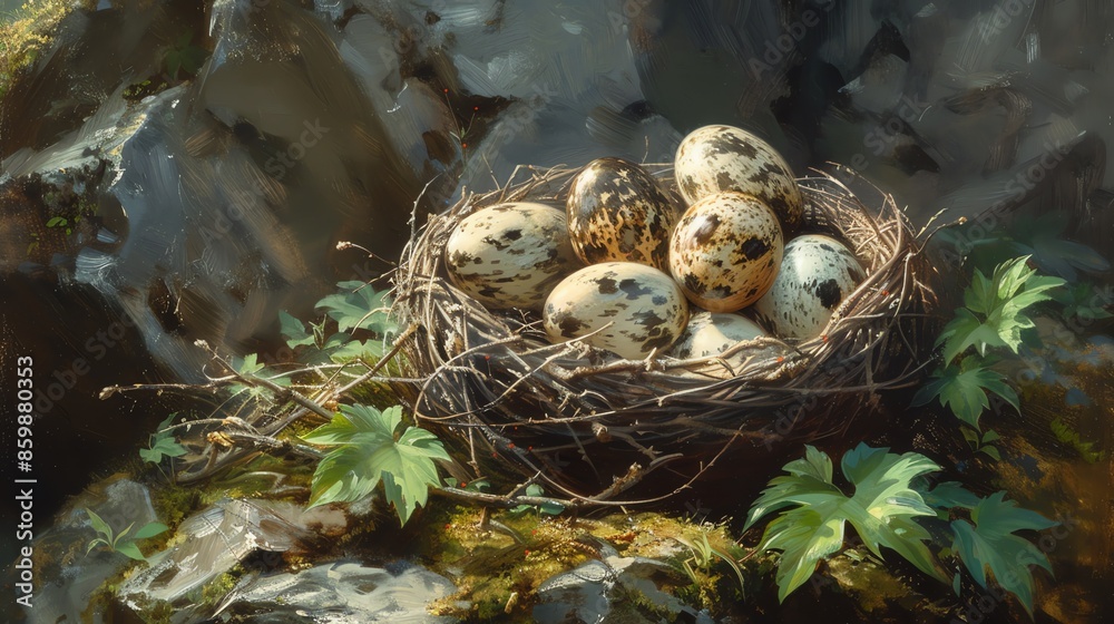 A bird's nest filled with speckled eggs nestled in a mossy forest setting. A bird's nest filled with speckled eggs nestled in a mossy forest setting.