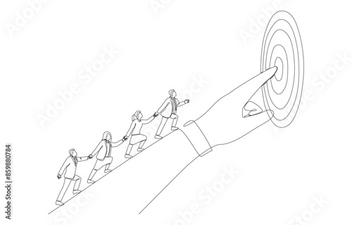 Continuous one line drawing of business people walk following big pointing hand toward target, leadership to guide team direction concept, single line art.
