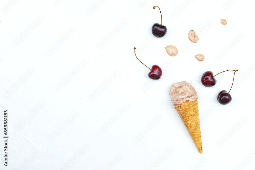 Ice cream with cherries, summer dessert, copy space, top view, white background Ice cream with cherries, summer dessert, copy space, top view, white background