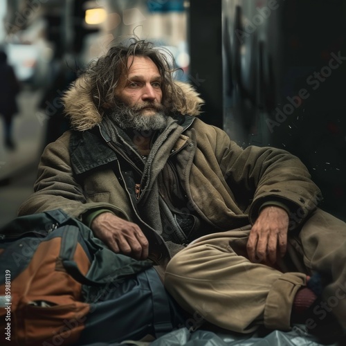 Homeless Man Sitting on Street