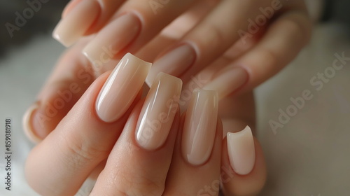 Closeup womans hands with elegant neutral nail polish. Nails are long and square shaped, and the polish is a soft, creamy white
