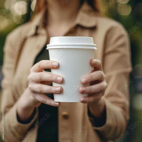Woman holding a coffee cup in a park