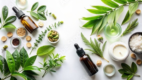 Soothing natural cosmetic ingredients arranged artfully on white background with lush green plants and subtle black accents, exuding freshness.