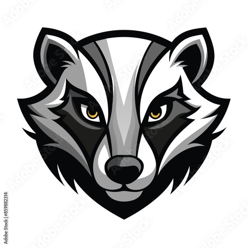 A black and white illustration of a badger head mascot with a serious expression, isolated on a white background.