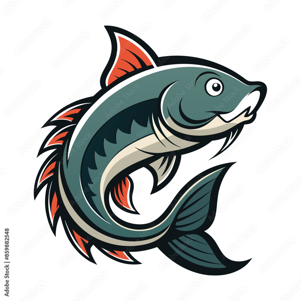 Fototapeta premium Illustration of a green fish leaping out of water. It has a big round eye, wide mouth, red fins, and green & white body with blue tail on a white backdrop.