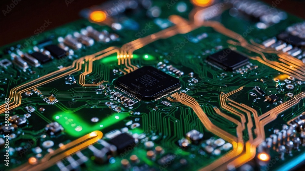 macro, Electronic circuit board with processor, intricate network of components, technological marvel macro, Electronic circuit board with processor, intricate network of components, technological marvel