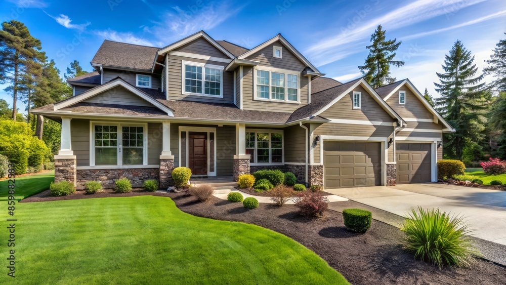 A newly constructed suburban home with a well-manicured lawn and a paved driveway stands alone awaiting final inspection approval. A newly constructed suburban home with a well-manicured lawn and a paved driveway stands alone awaiting final inspection approval.