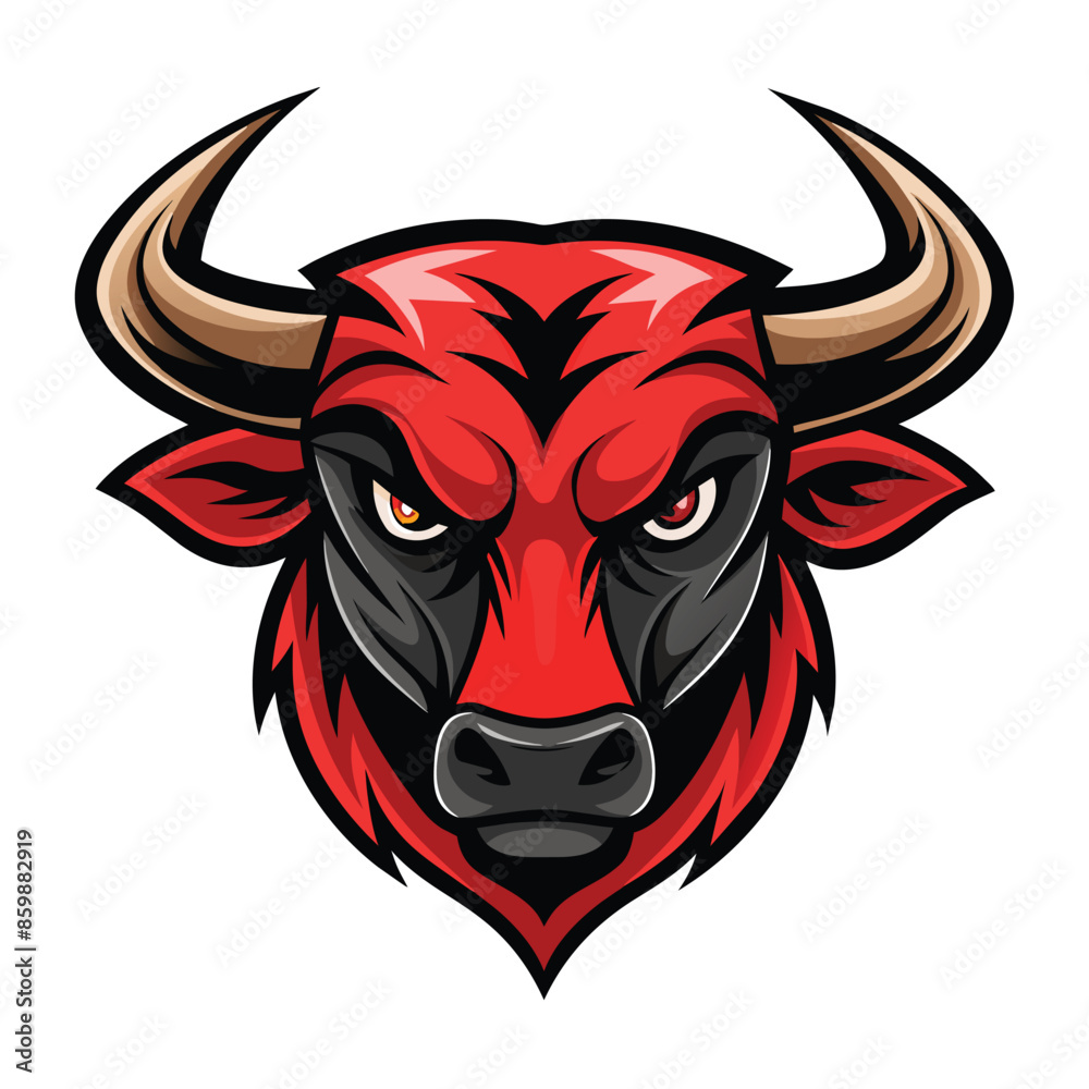 Fototapeta premium This is a cartoon illustration of a red bull mascot with a fierce expression. It has large, menacing horns and a black nose.