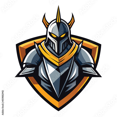 A vector illustration of a knight in full armor with a yellow shield behind him. Ideal for gaming, esports, or any industry requiring strength.
