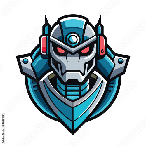 A cartoon robot head logo design with a blue and gray color scheme, featuring a circular frame and red eyes.