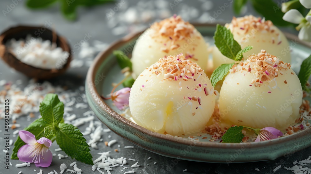 Close-up of creamy coconut sorbet topped with toasted coconut flakes and fresh mint. Close-up of creamy coconut sorbet topped with toasted coconut flakes and fresh mint.