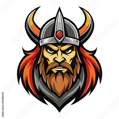 A colorful illustration of a Viking warriors face, with a horned helmet and a serious expression.
