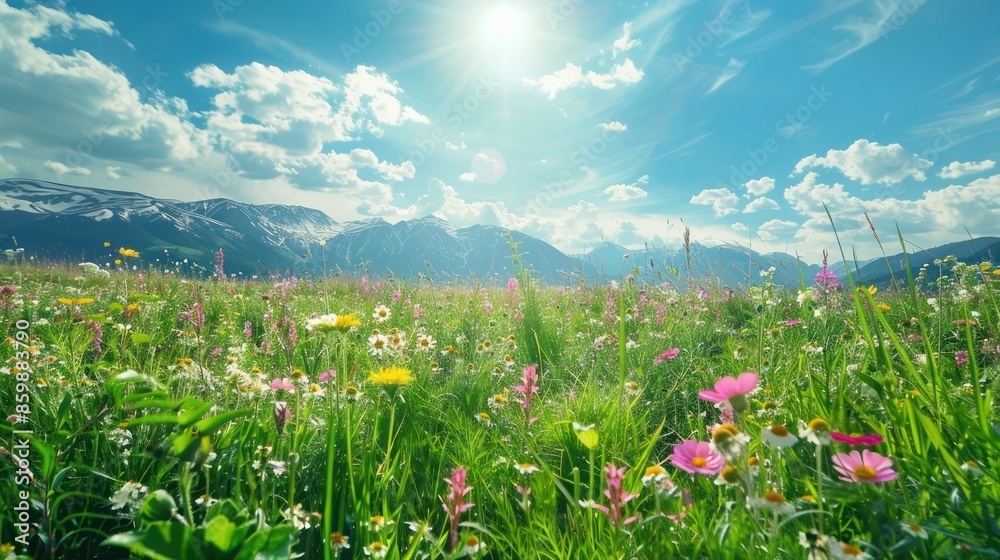 Fototapeta premium Fresh Meadows: A lush green meadow carpeted with colorful wildflowers, with snow-capped mountains in the distance and a bright sun shining overhead. Plenty of space among the flowers 