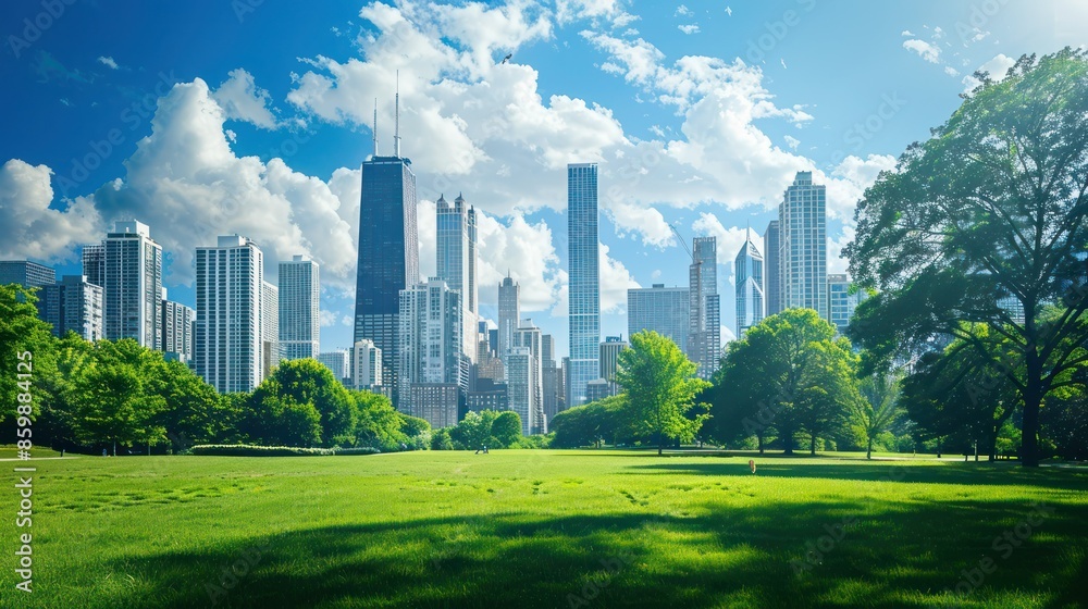 Fototapeta premium Urban Oasis: A city skyline with skyscrapers towering against a bright blue sky, with a park or green space in the foreground. Space in the sky or on the buildings for text.