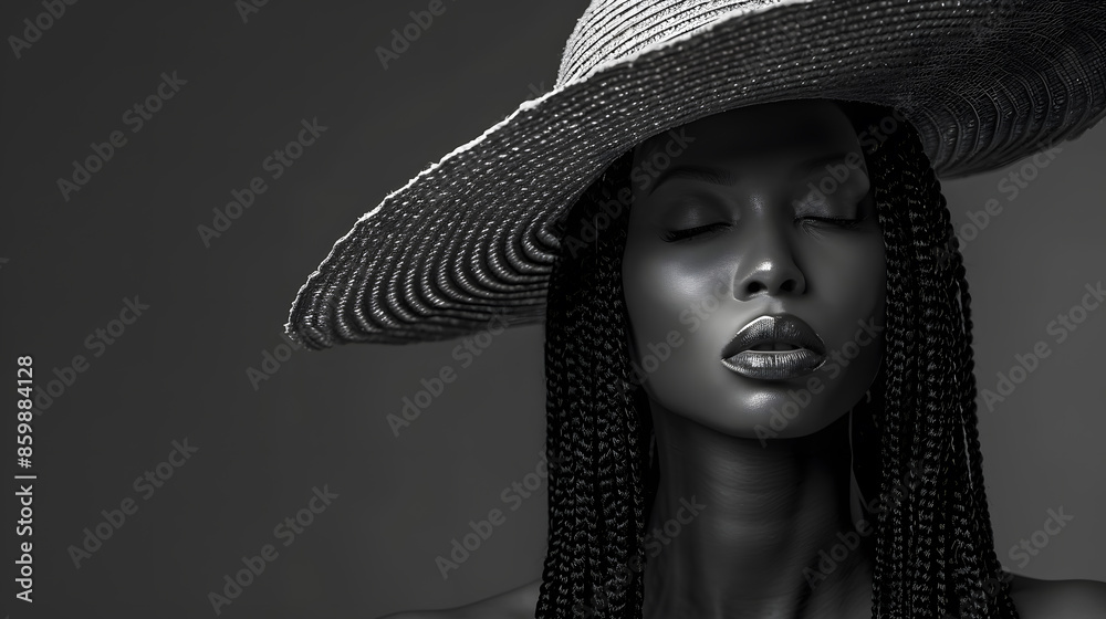 African Woman with Long Braids Hair Black and White Concept Beauty Model in Big Hat hidden Face Afro Hairstyle and Lips Makeup Sexy Mysterious Women Portrait over Gray Studio Backgroun : Generative AI African Woman with Long Braids Hair Black and White Concept Beauty Model in Big Hat hidden Face Afro Hairstyle and Lips Makeup Sexy Mysterious Women Portrait over Gray Studio Backgroun : Generative AI