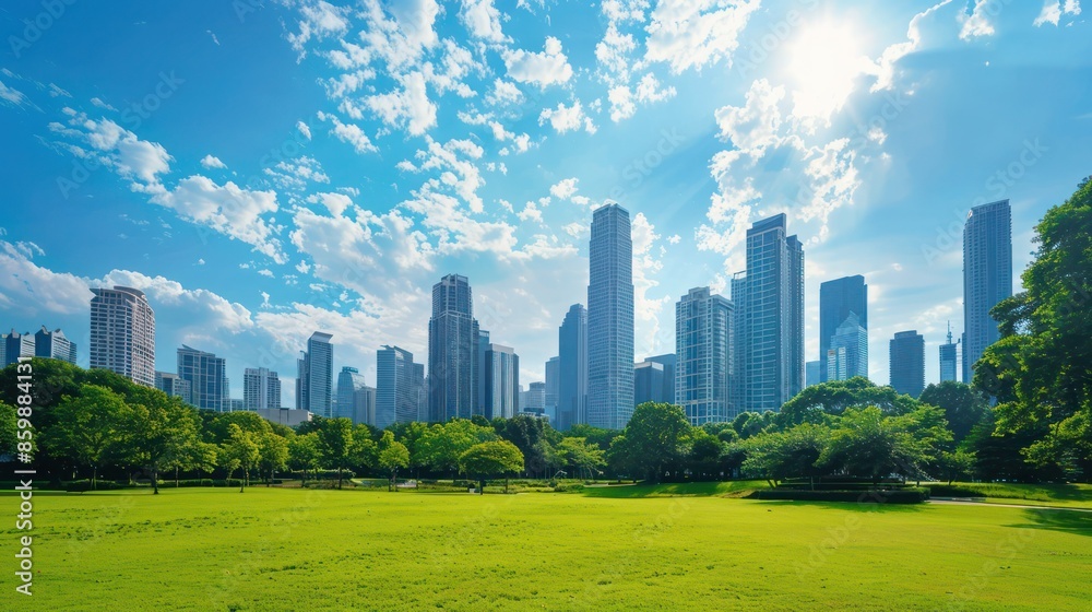 Fototapeta premium Urban Oasis: A city skyline with skyscrapers towering against a bright blue sky, with a park or green space in the foreground. Space in the sky or on the buildings for text.