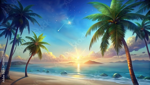 Generative of Caribbean palm trees at a sunny beach with copy space for holiday concept , tropical, beach, sunny, vacation, palm trees, sea, sand, relaxation, paradise, travel, nature