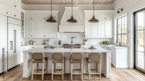 Modern farmhouse kitchen with white cabinets, a large island with woven bar stools, and a view of the backyard.
