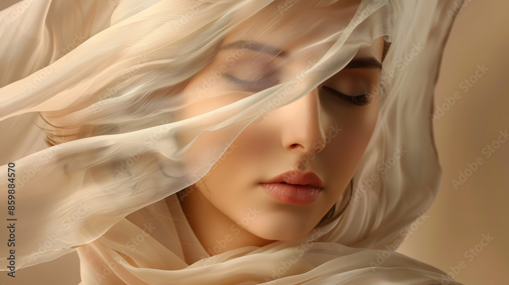 Beauty Model Portrait in Beige Chiffon Fabric flying on Wind Woman Face Skin Care Spa Treatment Dreamy Girl with closed Eyes in Silk Scarf over Brown Background : Generative AI Beauty Model Portrait in Beige Chiffon Fabric flying on Wind Woman Face Skin Care Spa Treatment Dreamy Girl with closed Eyes in Silk Scarf over Brown Background : Generative AI