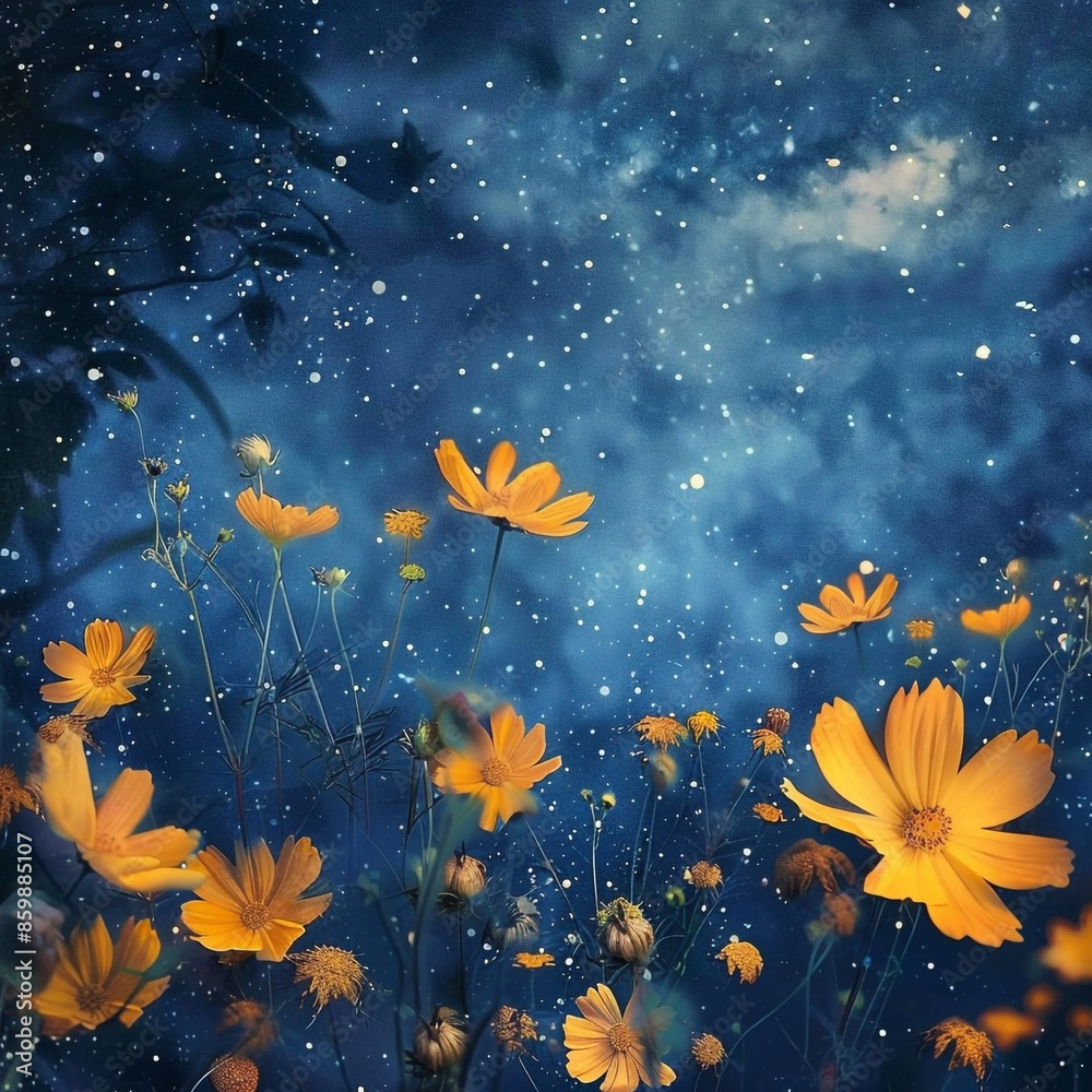 Yellow Flowers Starry Sky Background Yellow Flowers Starry Sky Background