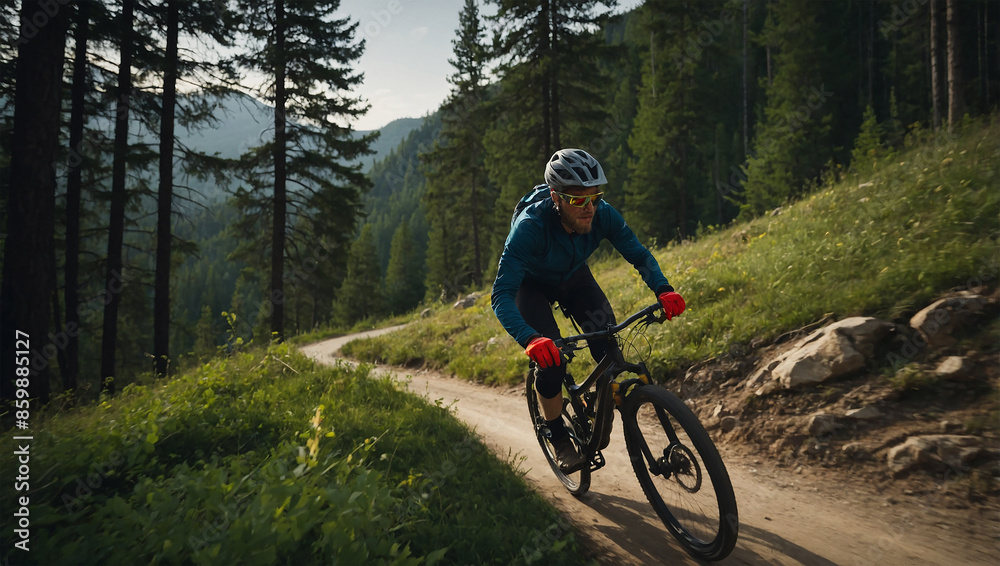 This is a picture of a person riding a mountain bike on a dirt trail in the woods.
This is a picture of a person riding a mountain bike on a dirt trail in the woods.