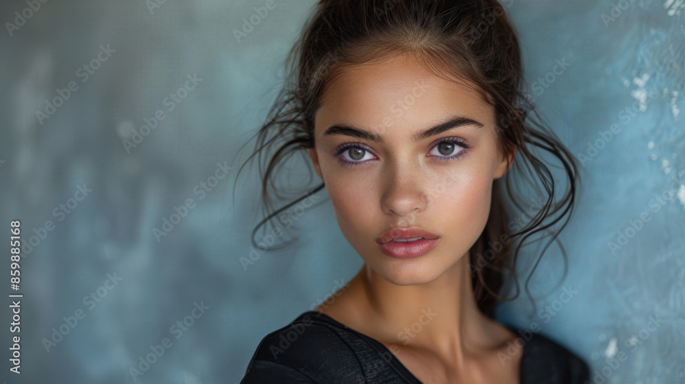 A studio portrait of a beautiful female model with brunette hair loosely pulled back. Flawless completion and is standing in front of a blue backdrop. Skin care and cosmetics. Copy space. A studio portrait of a beautiful female model with brunette hair loosely pulled back. Flawless completion and is standing in front of a blue backdrop. Skin care and cosmetics. Copy space.