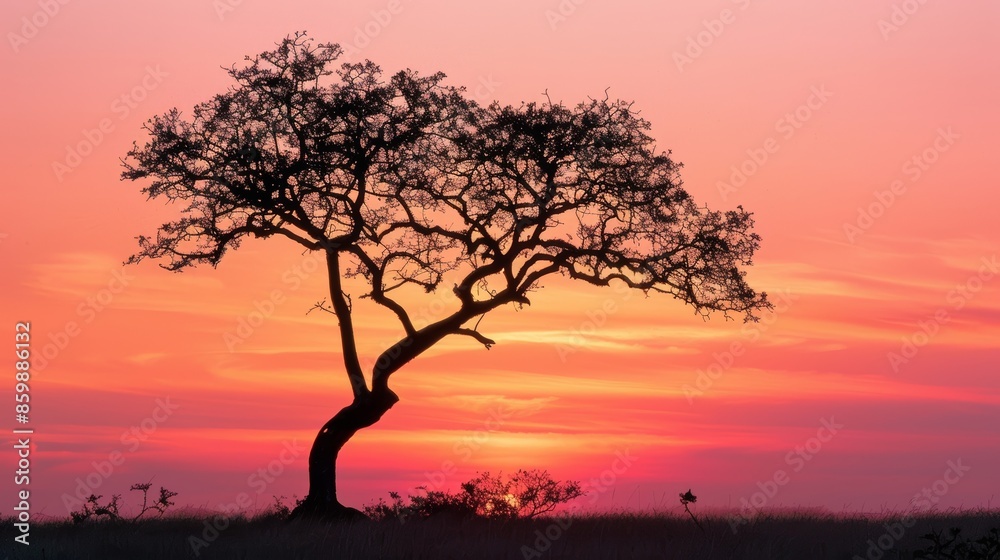A lone trees silhouette with branches spreading wide, set against an orange and pink sunset horizon A lone trees silhouette with branches spreading wide, set against an orange and pink sunset horizon