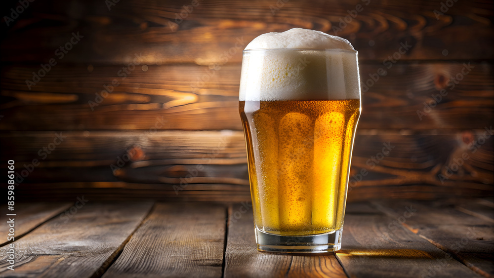 A clear pint glass brimming with golden beer and a creamy foam top A clear pint glass brimming with golden beer and a creamy foam top