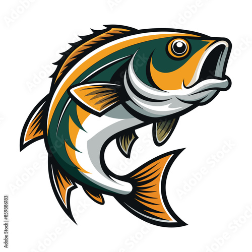 A cartoon illustration of a green and orange striped fish jumping out of the water.
