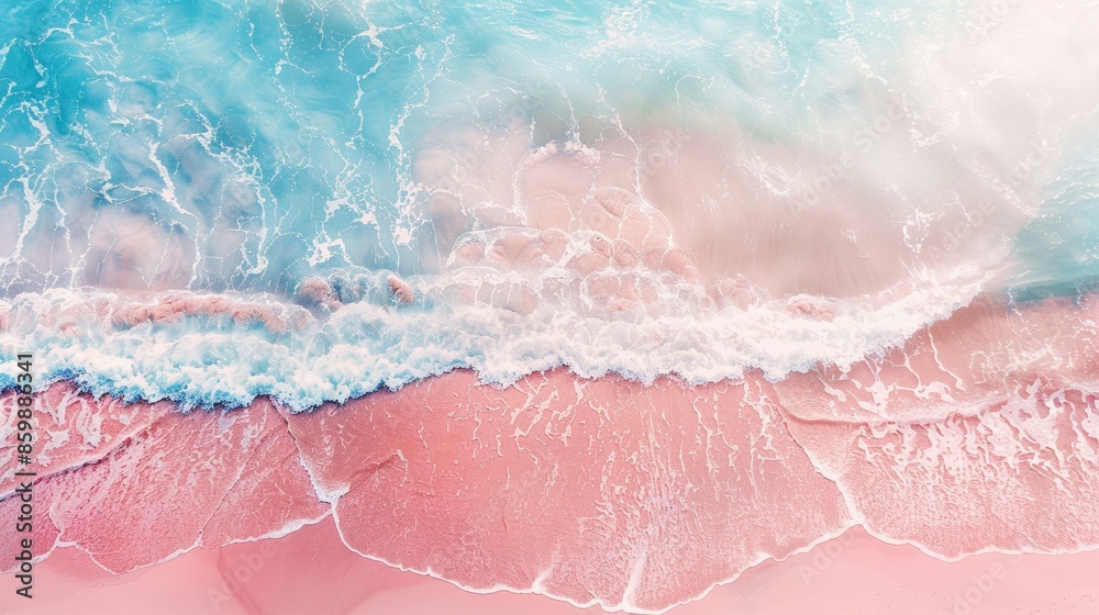 Fototapeta premium Top view of amazing pastel pink blue beach , copy space available, beautiful beach with pink water and pink sand, summer, water