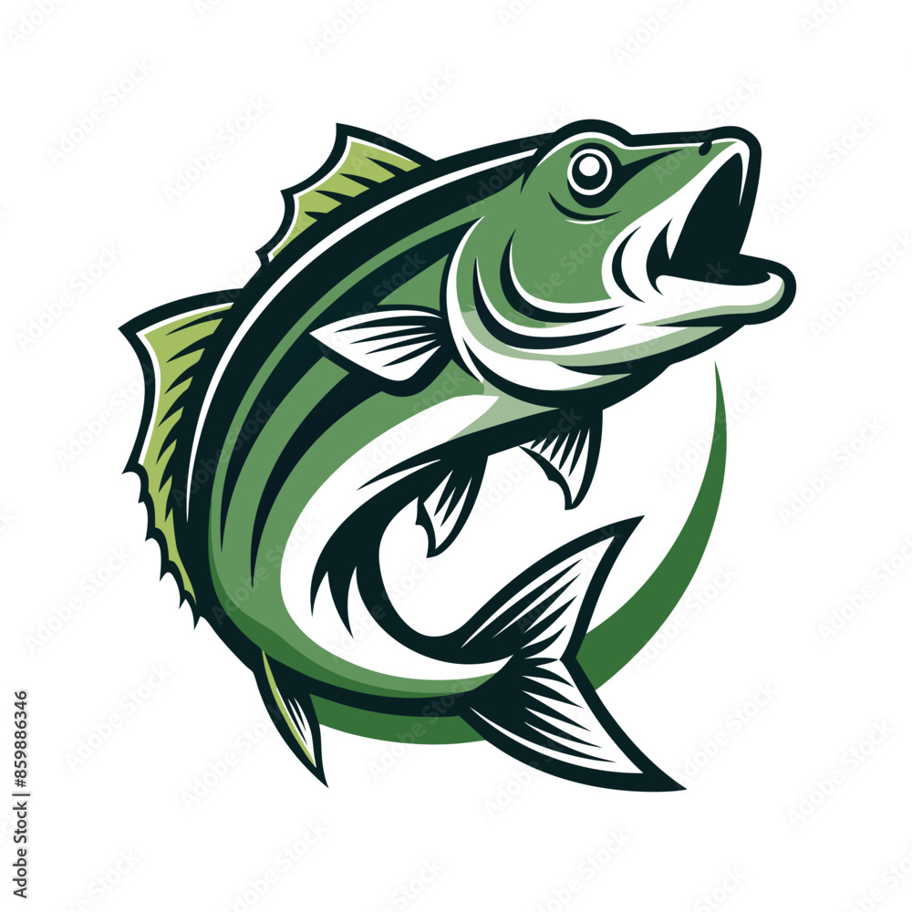 A cartoon illustration of a green striped fish jumping out of the water with its mouth open wide. A cartoon illustration of a green striped fish jumping out of the water with its mouth open wide.