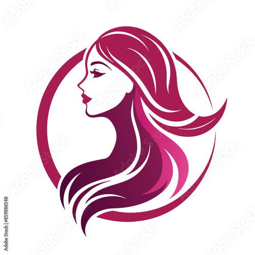 A stylized profile of a woman with long, flowing hair, in pink and white, in a circle.
