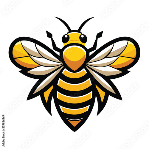 A cartoon illustration of a yellow and black bee with large, prominent wings. The bee is in a simple, stylized design, with big eyes and a cheerful expression.