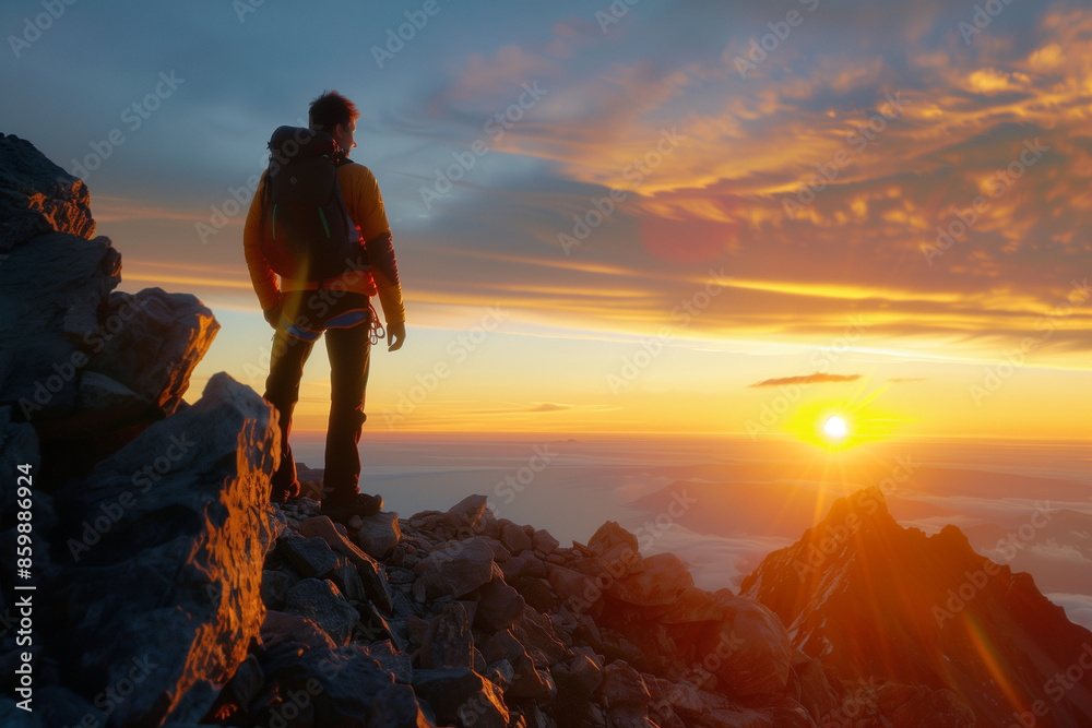 Triumphant Hiker Standing on Mountain Summit at Sunrise, Gazing into the Horizon Triumphant Hiker Standing on Mountain Summit at Sunrise, Gazing into the Horizon