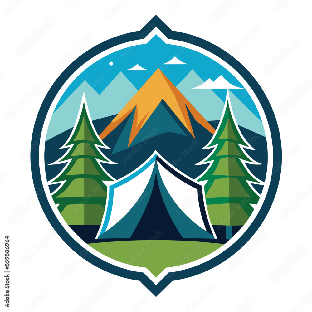 A colorful illustration of a camping trip in the mountains with a tent and pine trees. A colorful illustration of a camping trip in the mountains with a tent and pine trees.