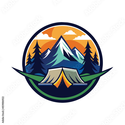 This is a colorful logo depicting a camping tent, mountain range, pine trees, and sunset.