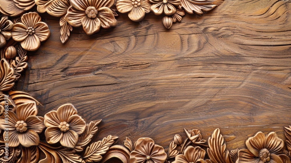 Floral carved border on wooden background with space for text Floral carved border on wooden background with space for text