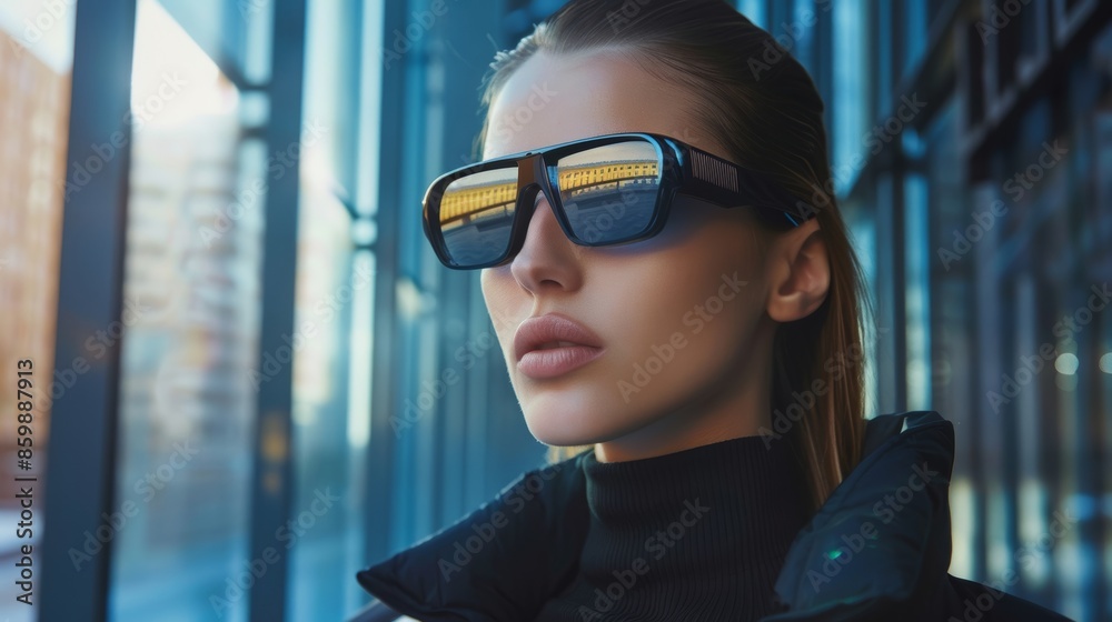A woman showcases smart fashion glasses, blending modern technology with stylish elegance. A woman showcases smart fashion glasses, blending modern technology with stylish elegance.